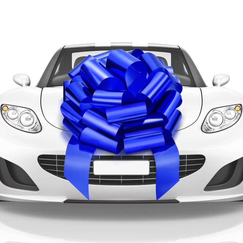Mata1 Big Car Bow (Blue, 23 inch) Giant Gift Bows, Big Bow for Car, Big Blue Bow, Large Car Bow, Big Gift Bow, Car Pull Bow, Huge Car Bows, Car Ribbon Bows with 26 Loops and 4 Stickers - Image 1